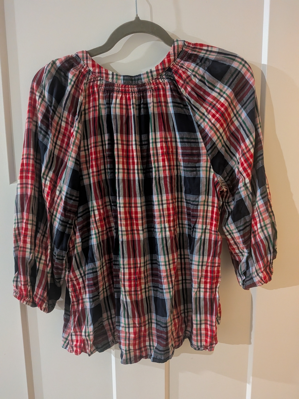 Crown & Ivy Womens L Red & Navy Plaid Blouse 3/4 Sleeves - Picture 5 of 6